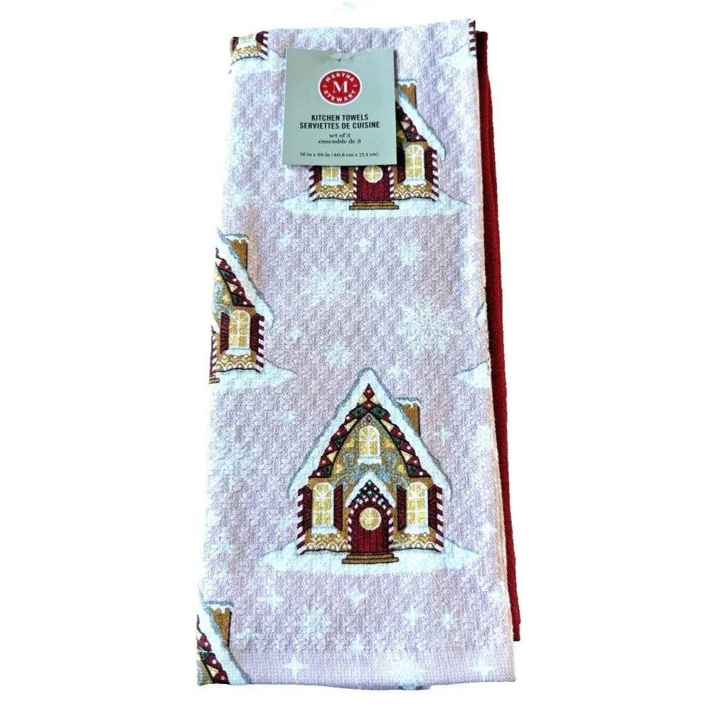 Martha Stewart Christmas Gingerbread House Dish Kitchen Towels Set of 3 Red Pink